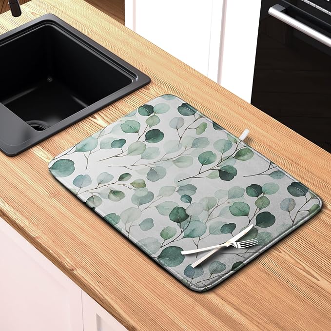 Green Leaves Dish Drying Mat Eucalyptus Leaf Branch Plant Drying Mats Absorbent - Image 6