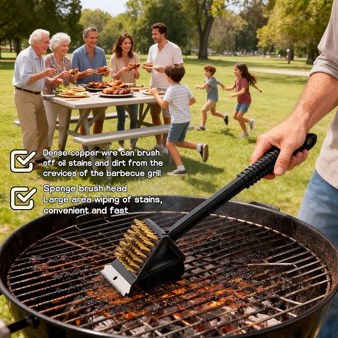 3-in-1 Grill Brush with Scraper & Scrub Pad, 14.5" Long Handle Brass Brush - Image 5