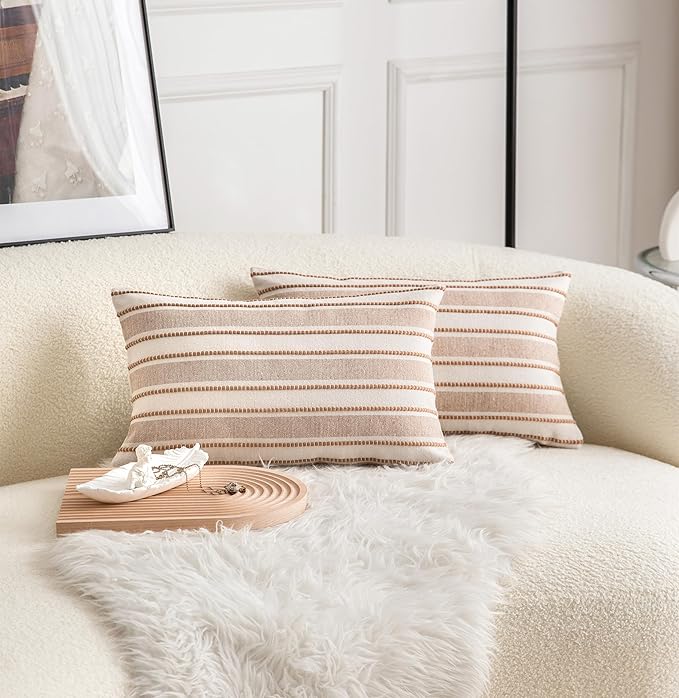 Decorative Boho Lumbar Throw Pillow Covers, Farmhouse Textured Pillow Case, 12 x 20 Inch Set of 2, Chair Sofa Bedroom Living Room Home Decor Couch Cushion Case, Brown and Beige