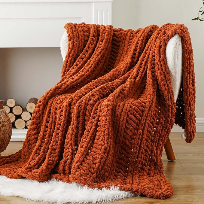 Battilo Orange Chunky Knit Throw Blanket for Couch, Fall Throw Blanket, Rust Throw Fall Decorations, Thick Warm Cozy Soft Chenille Throw Blanket for Sofa, Bed, Living Room, 50"x60"