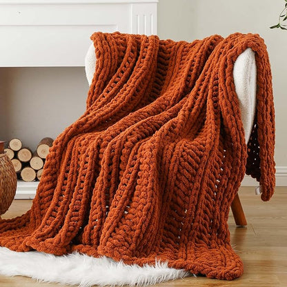 Battilo Orange Chunky Knit Throw Blanket for Couch, Fall Throw Blanket, Rust Throw Fall Decorations, Thick Warm Cozy Soft Chenille Throw Blanket for Sofa, Bed, Living Room, 50"x60"