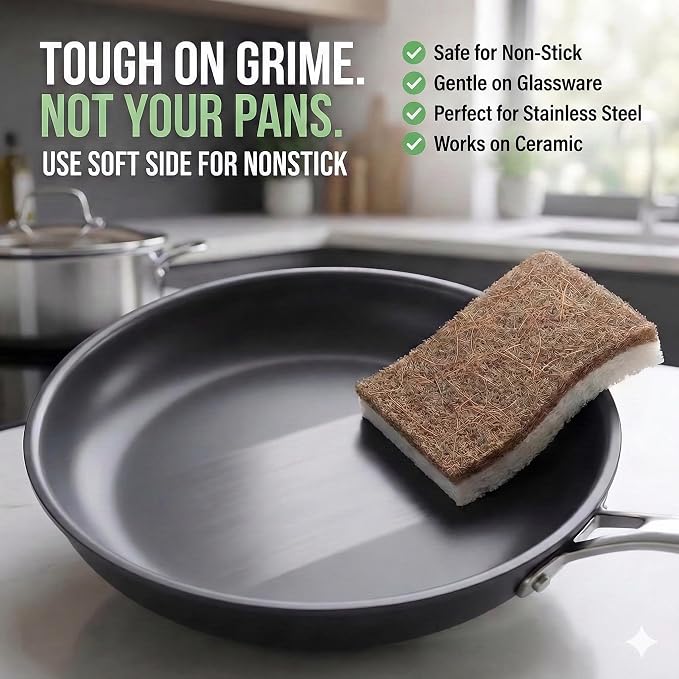 6 Pack Natural Kitchen Sponges, Compostable White Cellulose & Organic Coconut - Image 5