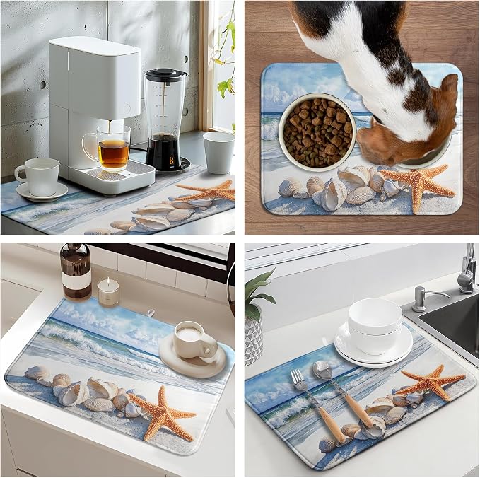Summer Beach Dish Drying Mat for Kitchen Counter Starfish Coastal Shells - Image 7