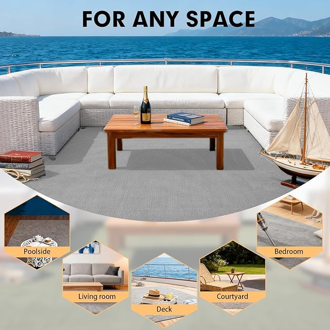 Marine Carpet,6 FT x 10 FT Smoke Gray Indoor Outdoor Carpet 0.2" Thick Boat Carpet with Water-Proof TPE Backing, Non-Slide Outdoor Marine Carpet Roll for Home, Patio, Porch, Deck