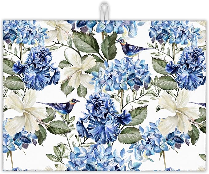 Blue Hydrangea Flowers Dish Drying Mat, Bird Drying Rack Pad Countertop Dishes by UIUPRO