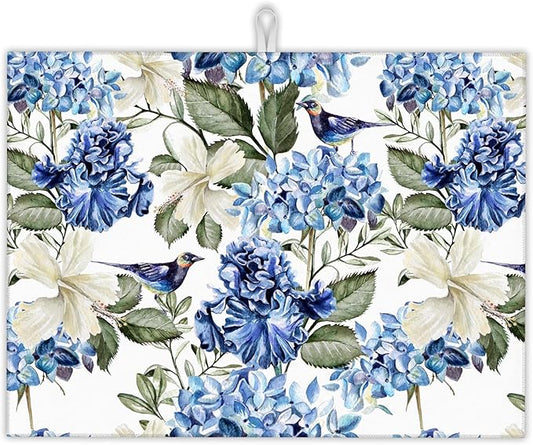 Blue Hydrangea Flowers Dish Drying Mat, Bird Drying Rack Pad Countertop Dishes by UIUPRO