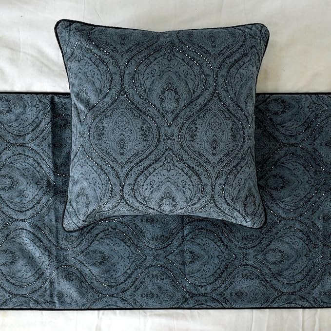 The HomeCentric King/Queen/Twin Gray Decorative Queen 74"x18" Bed Runner Without Pillow Cover, Damask, Victorian & Bead Embroidery Bed Scarf on Suede Fabric - Beatrice