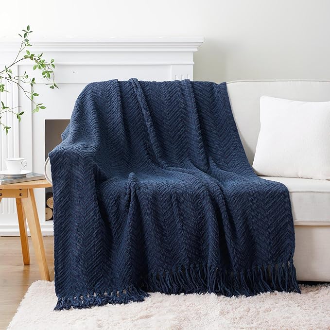 BATTILO HOME Navy Blue Throw Blanket for Couch, Super Soft Cozy Warm Dark Blue Throws for Twin Bed, Knit Woven Chenille Blanket Versatile for Sofa Bedroom Home Decor, 60"x80"