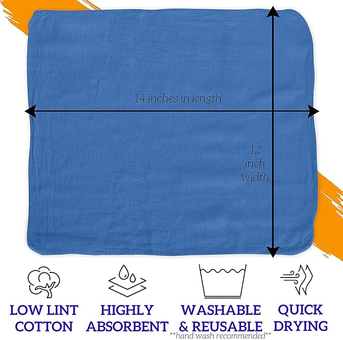 GREEN LIFESTYLE Blue Shop Towels 12x14, 50 Pack, 100% Cotton Super Absorbent & - Image 2
