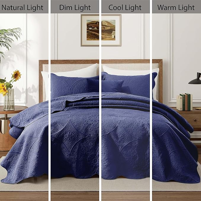 IR Imperial Rooms Twin Quilt Bedding Set Size (68” x 86”) + 1 Pillow Shams (20” x 26” + 2”) - 2 Pcs All Season Lightweight Reversible Microfiber Coverlet Floral Embossed Quilt Bedspread (Blue)