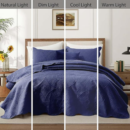 IR Imperial Rooms Twin Quilt Bedding Set Size (68” x 86”) + 1 Pillow Shams (20” x 26” + 2”) - 2 Pcs All Season Lightweight Reversible Microfiber Coverlet Floral Embossed Quilt Bedspread (Blue)