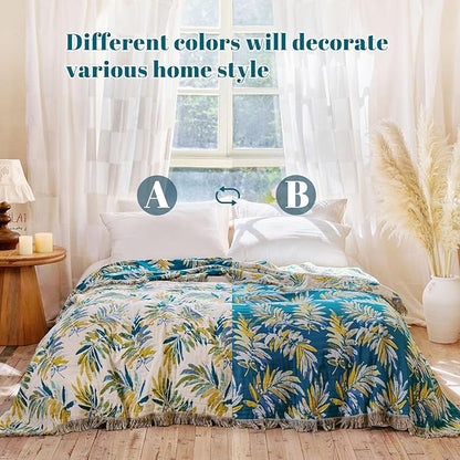 MSGKV Boho Throw Blanket for Couch Cotton Leaves Blanket 50"x60" Throws for Sofa Chair Muslin Breathable Lightweight Farmhouse Blankets Home Decor All Seasons