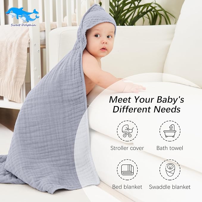SWEET DOLPHIN Muslin Hooded Baby Bath Towels - Image 5