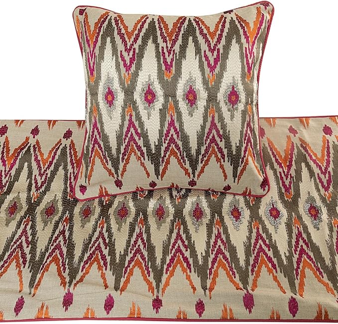 The HomeCentric King Queen Twin Multi Color & Pink Decorative Twin 53"x18" Bed Runner with 2 Pillow Cover, Embroidered & Beaded Bed Scarf on Cotton Linen Fabric - My Ikat Love