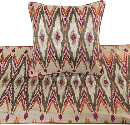 The HomeCentric King Queen Twin Multi Color & Pink Decorative Twin 53"x18" Bed Runner with 2 Pillow Cover, Embroidered & Beaded Bed Scarf on Cotton Linen Fabric - My Ikat Love