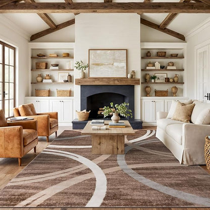 Rugshop Modern Wavy Circles Design Area Rug, Fade-Resistant Carpet for Living Room, Bedroom, or Dining Room, Grand Room,Open Spaces Brown, 8'8" x 12'