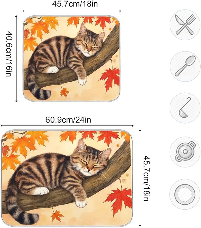 Fall Cats Dish Drying Mat for Kitchen Countertop 16x18 Autumn Maple Leaves - Image 3