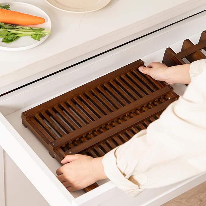 HBlife Dish Rack, Teak Folding 2-Tier Collapsible Drainer Dish Drying Rack - Image 4