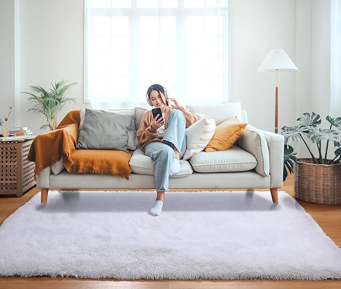 ONASAR White Area Rugs for Bedroom Fluffy, 4x6 Soft Shag Plush Bedside Rug, Living Room Indoor Floor Carpet, Washable Carpets for Nursery Kids Girls Boys Teen Baby Dorm Playroom Home Office Decor