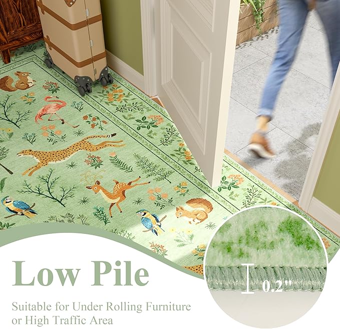 DUKINO 5x7 Rug, Washable Animal Living Room Rug with Non Slip Vintage Design, Soft Low Pile Large Carpet for Bedroom, Nursery, Dining Room, Farmhouse, Playroom, Light Green