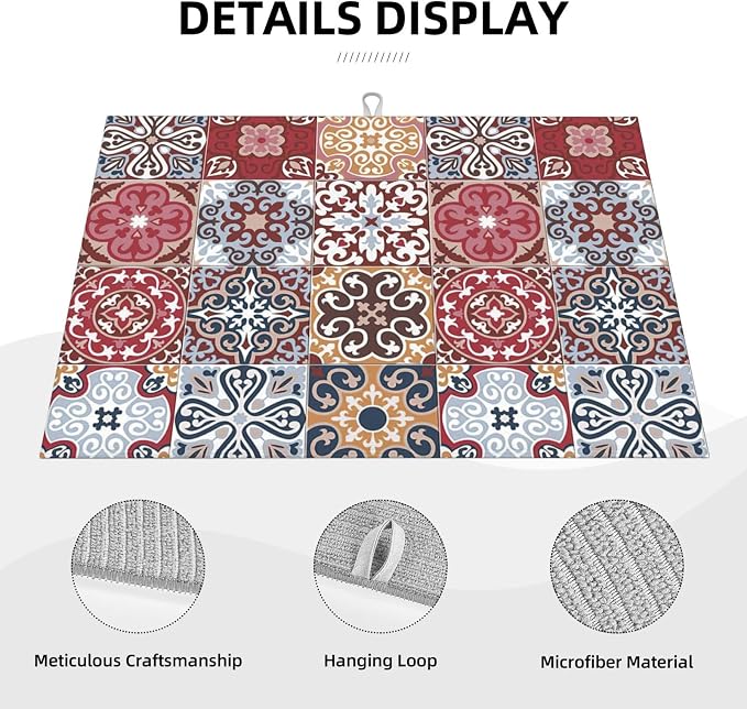 Retro Bohemian Dish Drying Mat 18x24 inches Microfiber Absorbent Fast Dry Mat - Image 4