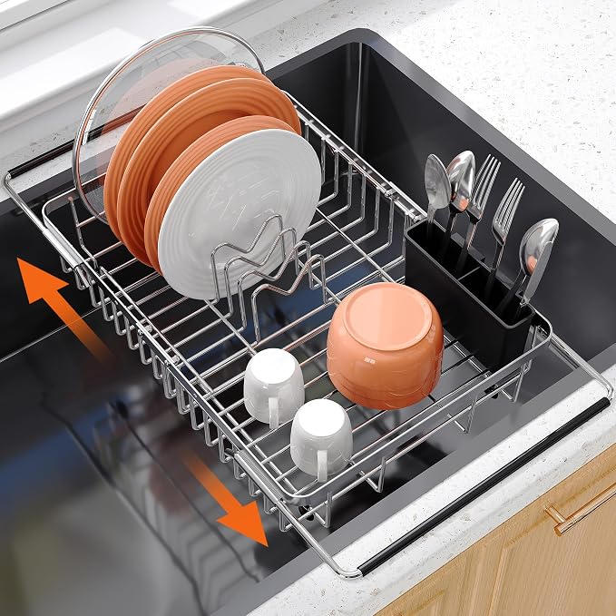 Small Expandable Over The Sink Dish Drainer Drying Rack In Stainless Steel Metal by Romision