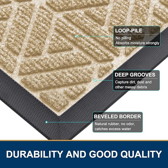 Smiry Front Door Mat Outside Entrance, Heavy Duty Sturdy Natural Rubber Doormat, Trap Dirt and Moisture, Easy Clean Low Profile Mats for Indoor Outdoor Entry, Grid Geometric (59x35, Beige)