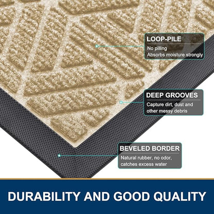 Smiry Front Door Mat Outside Entrance, Heavy Duty Sturdy Natural Rubber Doormat, Trap Dirt and Moisture, Easy Clean Low Profile Mats for Indoor Outdoor Entry, Grid Geometric (59x35, Beige)