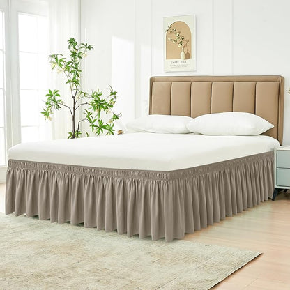 Biscaynebay Wrap Around Bed Skirts for King & Cal King Beds Short Drop of 12", Taupe Adjustable Elastic Dust Ruffles Easy Fit Wrinkle Resistant Silky Luxurious Fabric Machine Washable