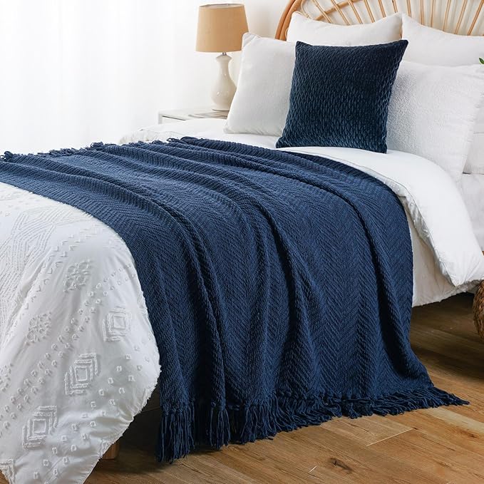 BATTILO HOME Navy Blue Throw Blanket for Couch, Super Soft Cozy Warm Dark Blue Throws for Twin Bed, Knit Woven Chenille Blanket Versatile for Sofa Bedroom Home Decor, 60"x80"
