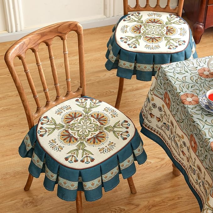 patdrea Pack of 2 Chair Cushions for Dining Chairs with Ruffled, Blue Wensel Floral Seat Cushion with Ties,Non Slip Chair Pads Decor for Bar Stool Cushions, Indoor Kitchen Chairs, 17.7"x17.7"