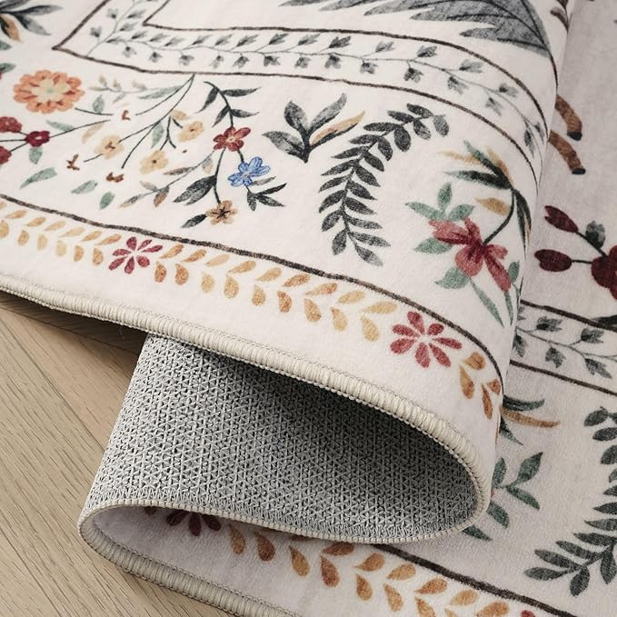 Rugcomf Area Rug 4x6 Rug Washable Boho Rugs Non Slip Low Pile Floral Animal Small Carpet for Bedroom, Bedside, Kids Room, Office, Dining Room (Beige)