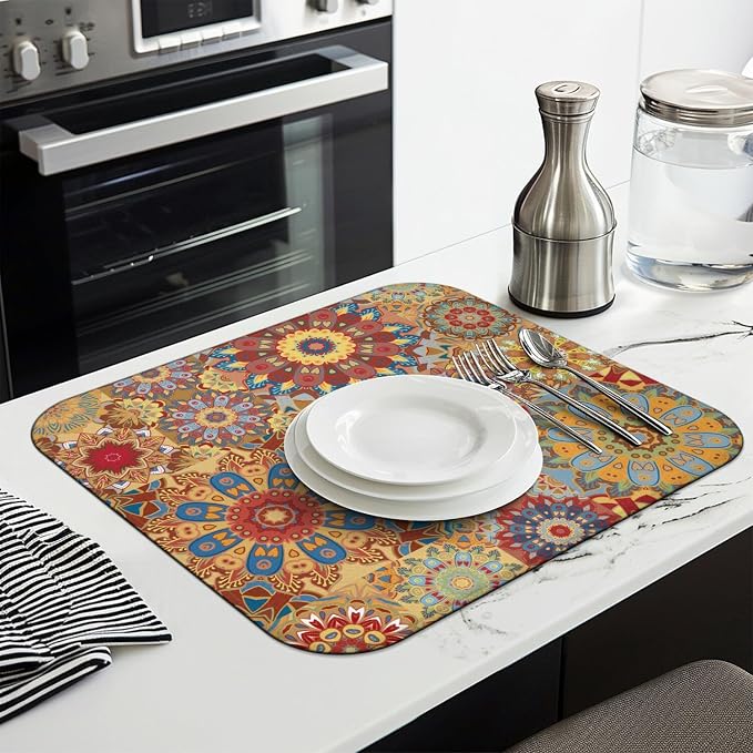 Boho Dish Drying Mat for Kitchen Countertops, Bohemian Floral Microfiber Drying - Image 3