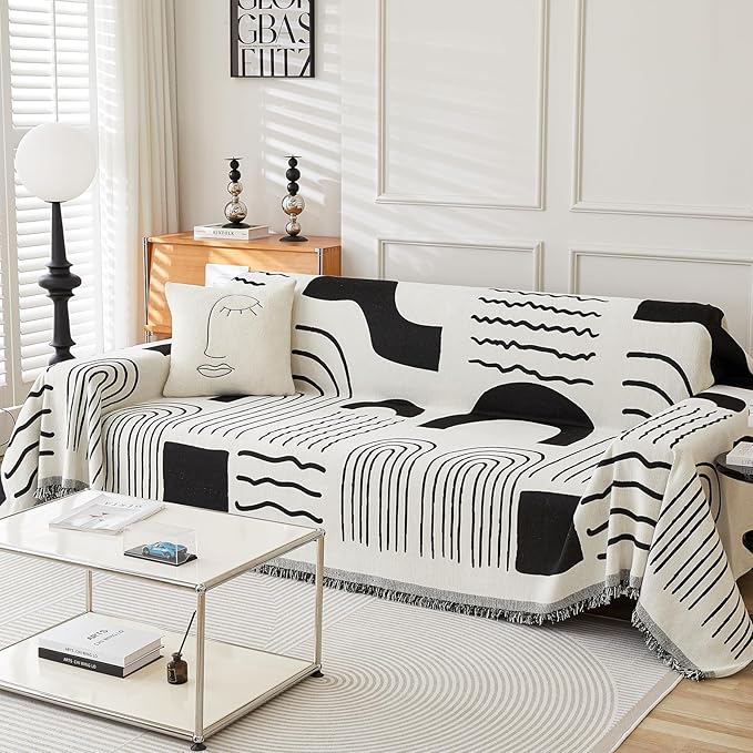 Boho Chenille Couch Cover with Tassels, Bohemian Sofa Cover for 3 Cushion Couch, L-Shaped Sectional, Loveseat, 2/3/4 Seater (71" x 118", Black)