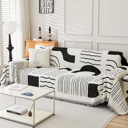 Boho Chenille Couch Cover with Tassels, Bohemian Sofa Cover for 3 Cushion Couch, L-Shaped Sectional, Loveseat, 2/3/4 Seater (71" x 118", Black)