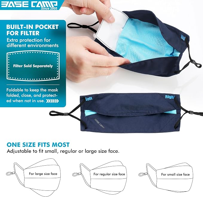 BASE CAMP Reusable Cloth Dust Face Masks 100% Cotton Washable Adjustable - Image 5