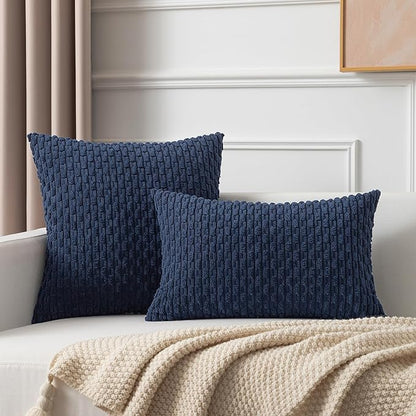 Kevin Textile 14x24 Inch Pillow Cover 1 Pack Boho Decorative Soft Striped Corduroy Lumbar Farmhouse Color Accent Rectangle Cushion Case for Living Room Couch Sofa Bed, Navy Blue