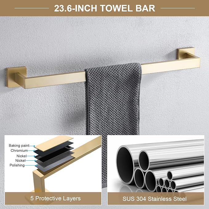 TQKAG 6-Piece Bathroom Towel Bar Sets Brushed Gold 23.6 inch Towel Bar - Image 2