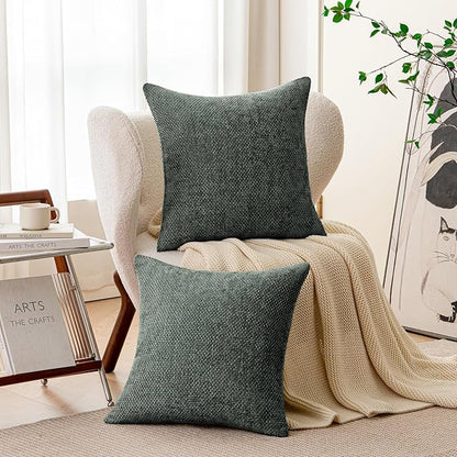 a moment Christmas Dark Green Chenille Throw Pillow Covers 18x18 Inch Pack of 2 Modern Decorative Throw Pillow Covers Farmhouse Cross Covers Home Decor for Sofa Bedroom Living Room