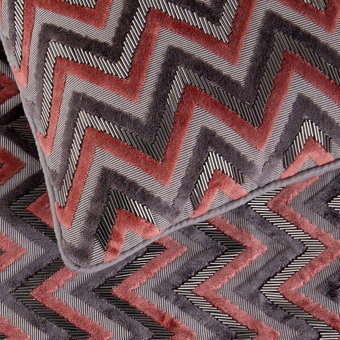 The HomeCentric Grey Bed Runner, Queen Size 74"x18" Decorative Bed Runner with 2 Matching Pillow Cover, Peach & Grey Velvet Bed Scarf in Bead Embroidery - Blushed Chevron