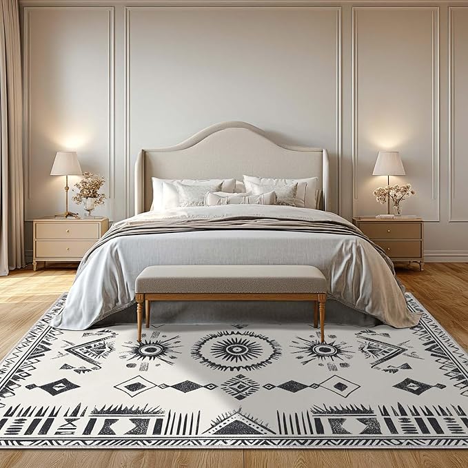 5x7 Western Area Rug Southwestern Tribal Black White Rug Non Slip Low Pile Large Carpet for Home Kitchen Living Room Bedroom Dining Room Office