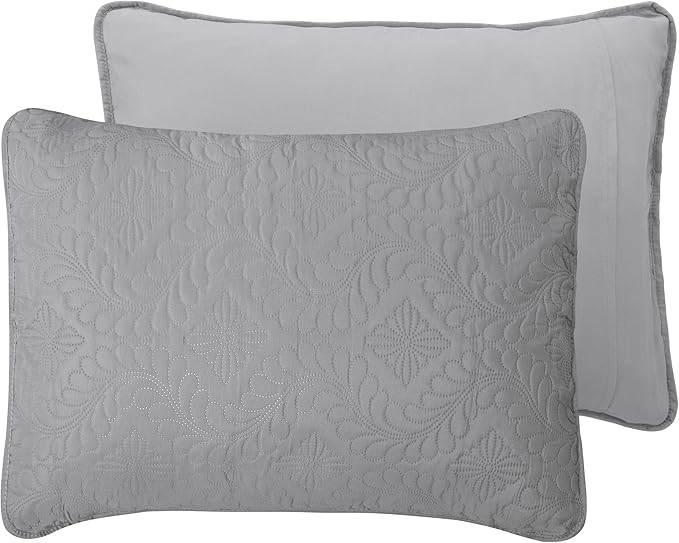 Easy-Going King Size Reversible Quilt Set with 1 Quilt and 2 Pillow Shams, Soft Bed Quilt Cover, Water Resistant Lightweight Microfiber Bedspread, Stain Resistant, Olive Leaf-Light Gray/Ivory