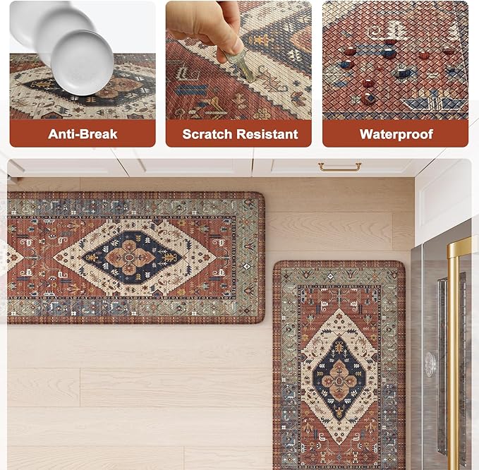 KIMODE Anti Fatigue Kitchen Mats for Floor,17.3" x 29" Vintage Red Cushioned Kitchen Rugs,Non-Slip Waterproof Kitchen Sink Standing Mat Wipe Clean for Kitchen Floor
