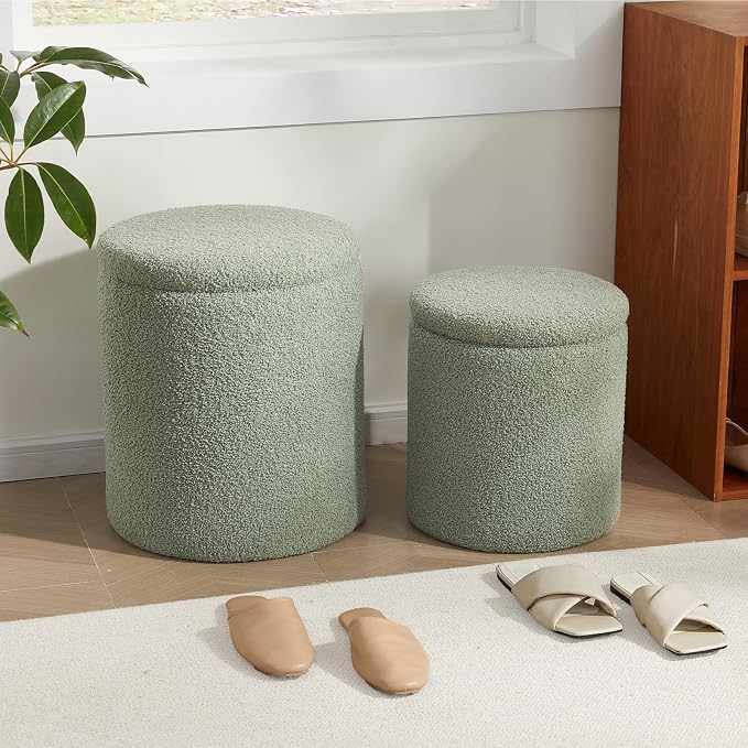 Boucle Round Ottoman with Storage Set of 2, Small Foot Stool Ottoman - Image 9