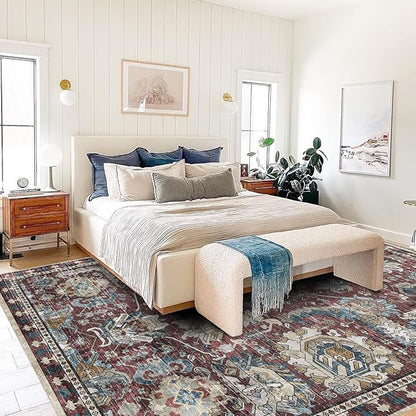RUGSURE Washable Area Rugs - Perfect for Living Room, Bedroom, Kids Room, Nursery - Stain & Water Resistant Non-Slip, Pet & Child Friendly, Vintage Tribal Area Rugs (Rust and Blue, 6' x 9')