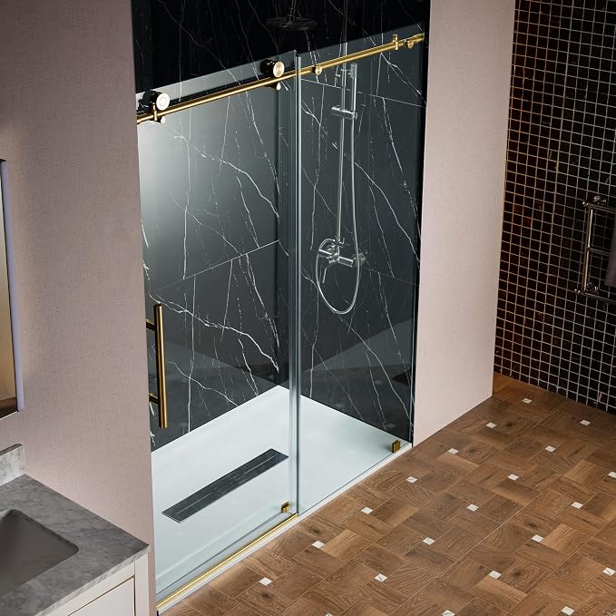 Woodbridge Frameless Single Sliding Shower Doors in Brushed Gold Finish - Image 14