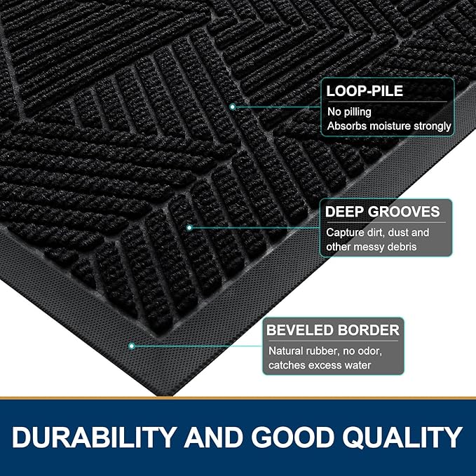 Smiry Front Door Mat Outside Entrance, Heavy Duty Sturdy Natural Rubber Doormat, Trap Dirt and Moisture, Easy Clean Low Profile Mats for Indoor Outdoor Entry, Irregular Triangle (59x24, Black)