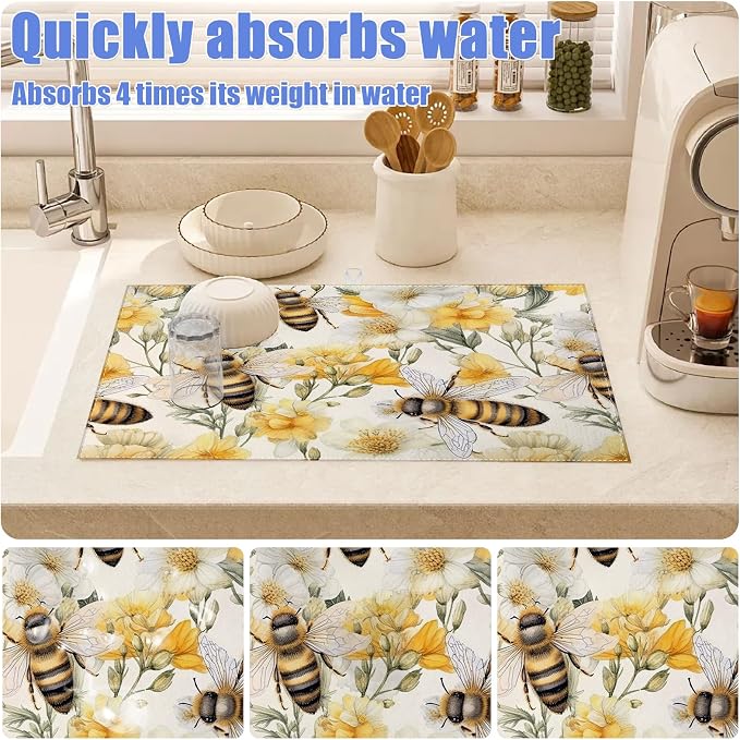 Watercolor Bee Floral Dish Drying Mat - Image 4
