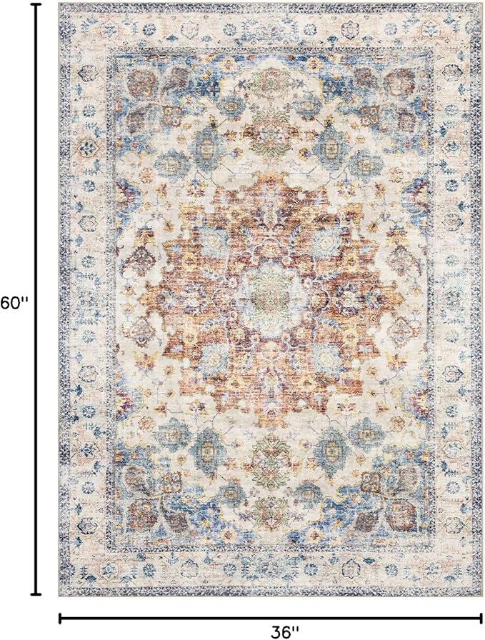 Area Rug 3×5, Vintage Boho Rug,Ultra-Soft Low Pile, Washable, Non Slip,Stain Resistant Printed Carpet for Living Room Bedrooms Playroom Office Kitchen, Blue/Red