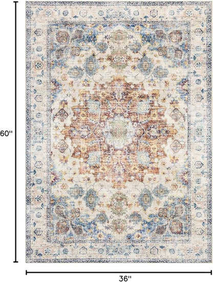 Area Rug 3×5, Vintage Boho Rug,Ultra-Soft Low Pile, Washable, Non Slip,Stain Resistant Printed Carpet for Living Room Bedrooms Playroom Office Kitchen, Blue/Red